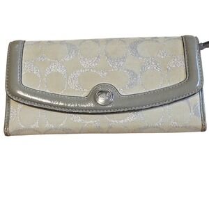 Coach Signature C Metallic Silver Grey Jacquard Patent Leather Slim Wallet